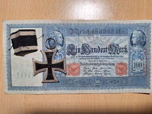 Orig German Iron Cross 2nd Class EK2 WW1 ribbon marker DEUMER + 100 RM Banknote - Picture 1 of 8