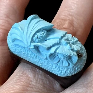 HSN 33MM Simulated Turquoise Blue Floral Silver Wood Ring 9.5 - Picture 1 of 23