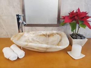 Weiß und hellbraun Onyx Gefäß Stein Badezimmer Waschbecken, 18,5 x 14 Zoll über der Theke Luxus - Bild 1 von 9