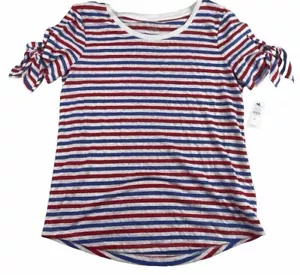 Talbots Blue Red Striped Scoop Neck Short Sleeve Linen Blend Stretch Top Petite - Picture 1 of 8