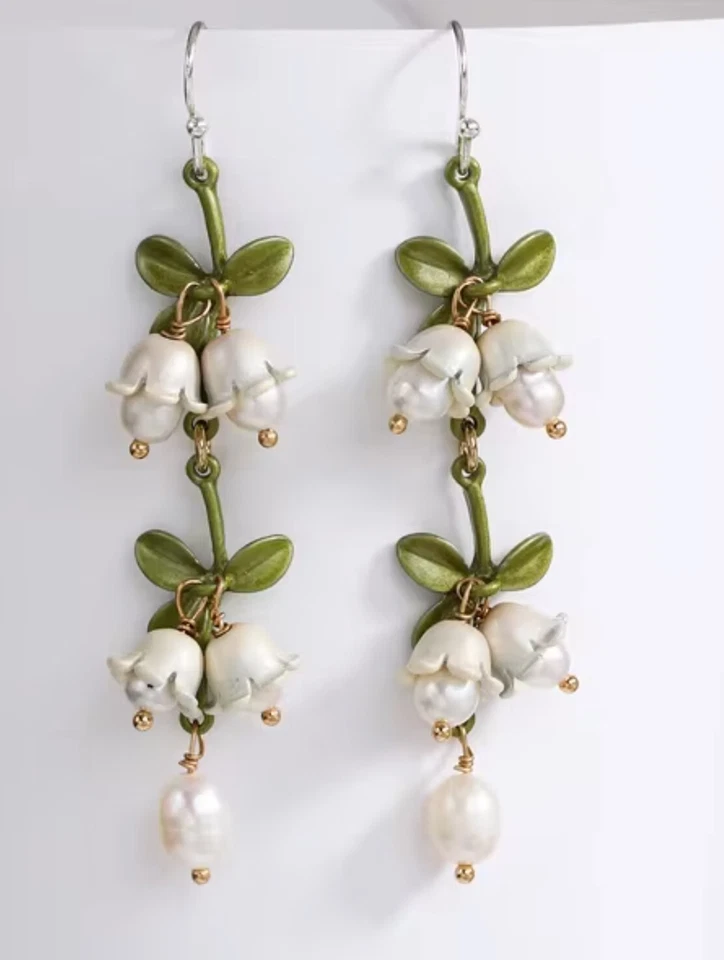 Pendientes colgantes dobles de perlas de lirio del valle esmaltadas en plata -1 par Foto 1 de 1