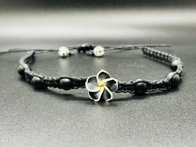 Black Plumeria Flower Macramé Choker – Matte Black Onyx Beads Hemp - Image 1 of 2