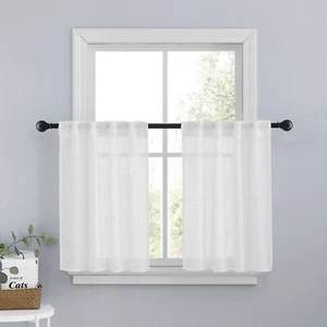 White Kitchen Curtains 36 Inch Length Set Of 2 Faxu Linen Look Short Cafe Curtai - Picture 1 of 6