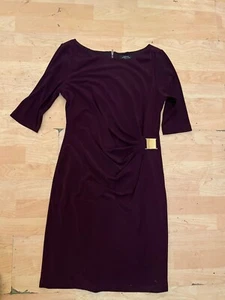TAHARI dark Purple Sheath Dress Sz 10P Petite 3/4 Sleeve Women Casual Gold AI13 - Picture 1 of 3