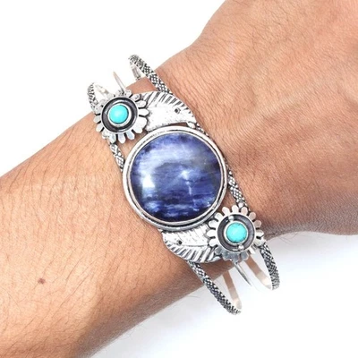 Антикварные ювелирные браслеты-манжеты из синего содалита с драгоценными камнями 7 дюймов регулируемые - Изображение 1 из 4