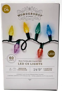 Wondershop 60ct LED C6 Multicolor facettierte Lichterkette mit grünem Draht Neu im Karton D4 - Bild 1 von 3