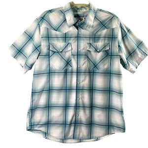 Magellan Shirt Mens Medium Blue Plaid Pearl Snap Vented Outdoors Fish Wicking - Picture 1 of 12