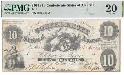 Better Grade for T-10 PF-16 1861 $10 Confederate Civil War Note PMG VF 20 Beauty - Image 1 of 4
