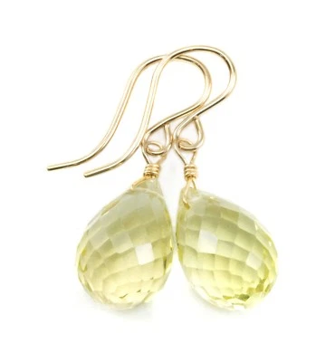 Pendientes de cuarzo limón faceta briolette amarillo lágrimas simples oro de ley 14k Foto 1 de 4