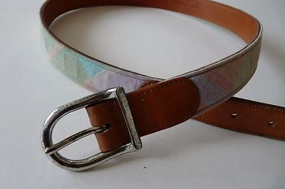 LAUREN RALPH LAUREN 女士皮革/格子亚麻银色扣带 尺寸 31-32 — 第 1/4 张图片