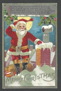 1910 PPC* Vintage Xmas Greeting W/Santa On Roof Trying To Go Down A Chimney Emb - Picture 1 of 1