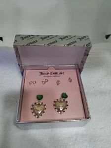 Juicy Couture Gold Plated Bows JC & Green Jeweled Drop Earring Jewelry Gift Set - Picture 1 of 5