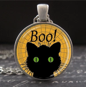 Halloween Schmuck Boo! Schwarze Katze Halskette Handarbeit Silber Glas Katze Anhänger - Bild 1 von 3