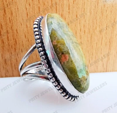 Green Unakite Gemstone Ring, 925 Sterling Silver Ring, Antique Handmade Ring - Image 1 of 4