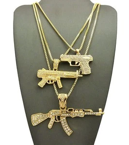Men's Hip Hop Iced CZ Gun & Machine Gun Pendant W/ Box Chain 3 Necklace Set - Picture 1 of 7