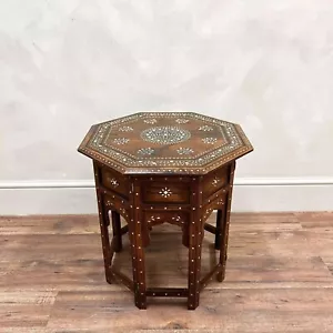 Wooden Coffee Table, Side Table, Bone Inlaid Round Folding 1950s Anglo-Indian - Picture 1 of 18