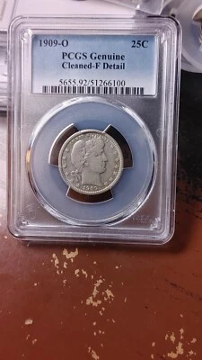 1909 O Barber Silver Quarter Dollar 25C PCGS F Details Cleaned Looks VF     5183 - Image 1 of 4