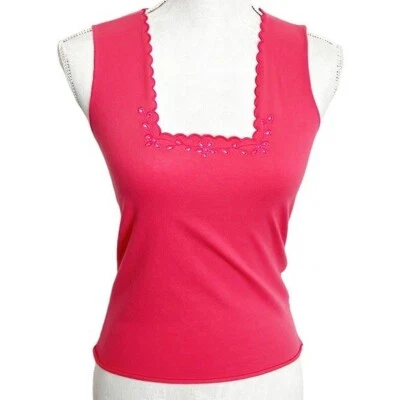 Camiseta sin mangas de terciopelo para mujer L rosa ajustada bordada recorte flores cuello cuadrado Foto 1 de 4