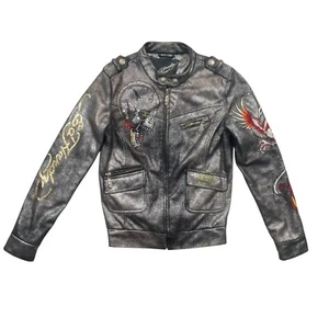 VTG Ed Hardy Y2K Embroidered Black Silver Metallic Bomber Jacket Skull size M - Picture 1 of 16