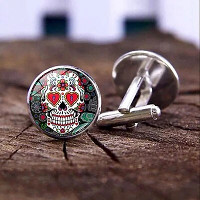 Sugar Skull Cuff Links, Skull Cufflinks for Men, Silver Cufflinks - High Quality - Image 1 of 4