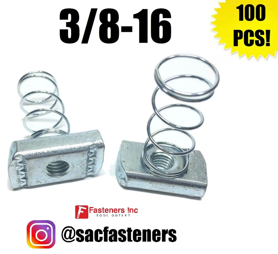 (Qty 100) 3/8-16 Spring Nuts for Unistrut B-Line Channel P1008 #4121 3/8" - Image 1 of 4