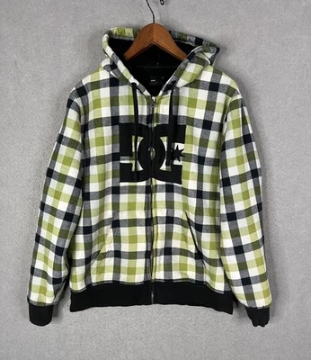 Vintage DC Shoes Hoodie Adult L Green Plaid Cyber Full Zip Sherpa Lined Y2K - Image 1 of 4