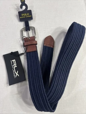 Polo Ralph Lauren Woven Stretch Belt Mens Navy Blue Silver Buckle Leather Sz 34 - Image 1 of 3