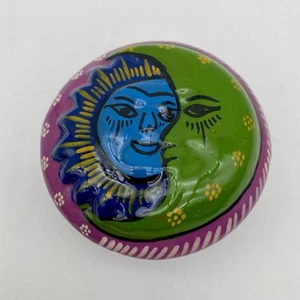 Mexican Talavera Clay Trinket Box Dish Folk Art Anthropomorphic Sun Moon - Picture 1 of 12