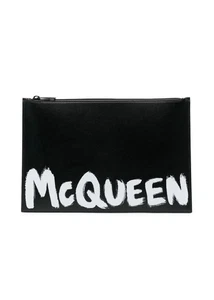 ALEXANDER MCQUEEN black & white graffiti logo leather clutch bag authentic - Picture 1 of 11