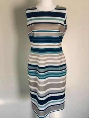 Clavin Klein women sleeveless blue tan white striped scuba sheath dress size 10 - Image 1 of 4