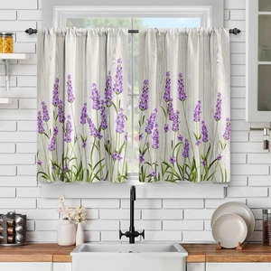 Lavender Flower Floral Kitchen Curtains -Rustic Wood Barn Door Farmhouse Deco... - Picture 1 of 5