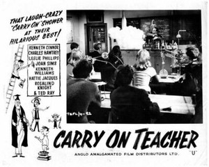 Carry On Teacher Original British Lobby Card Ted Ray Kenneth Connor science lab