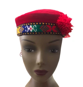 Rote Samt Toky Boho Damen Mütze Kappe Tadschikistan asiatischer Stil 20-1/2" innen - Bild 1 von 5