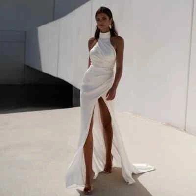 Halter Neck Satin Wedding Dresses Sexy Backless Zipper High Split Bridal Gowns - Image 1 of 4