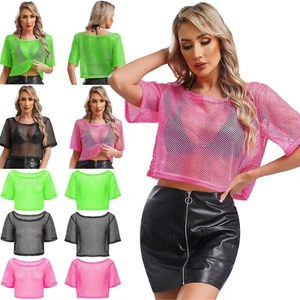Damen T-Shirt Party Tops Aushöhlen Shirt Netz T-Shirts Club Crop Top Netz Tee - Bild 1 von 45