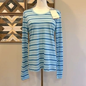 Icebreaker Women's Merino Wool Blend Cool-Lite LS Tee Top Blue Striped M NWT - Picture 1 of 7