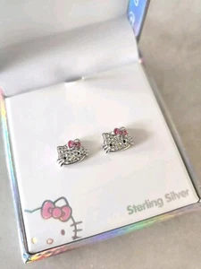 Hello Kitty Crystal Enamel Stud Earrings Sterling Silver 925 Face Pink Bow NEW  - Picture 1 of 3