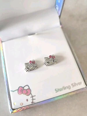 Hello Kitty Crystal Enamel Stud Earrings Sterling Silver 925 Face Pink Bow NEW  - Image 1 of 3