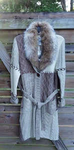 Chico's Patchwork Neutral Colored Sweater Coat w/Faux Fur Collar, Size 3, NWT - Picture 1 of 7