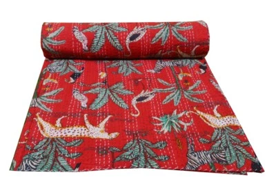 Indian Handmade Vintage Kantha Quilt Queen Bedspread Throw Cotton Blanket Gudri - Image 1 of 4