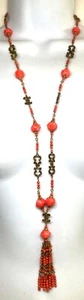 Antique Czech Pink Salmon Molded Glass Rosette Station Sautoir Tassel Necklace - Picture 1 of 4