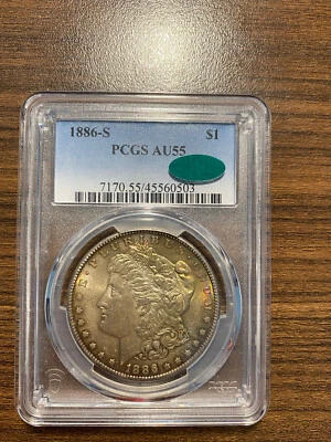 1886-S Morgan Silver Dollar $1 PCGS ALMOST UNCIRCULATED 55 AU 55 CAC NICE COLOR - Image 1 of 4