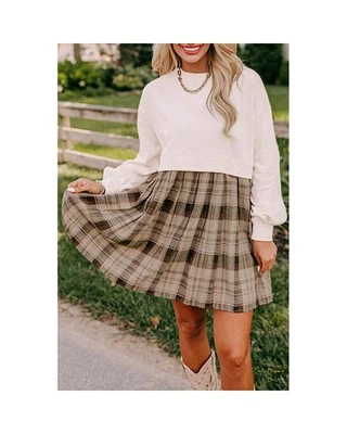 Azura Exchange Plaid Print Casual Dress Women Beige Mini Dresses Foto 1 de 4