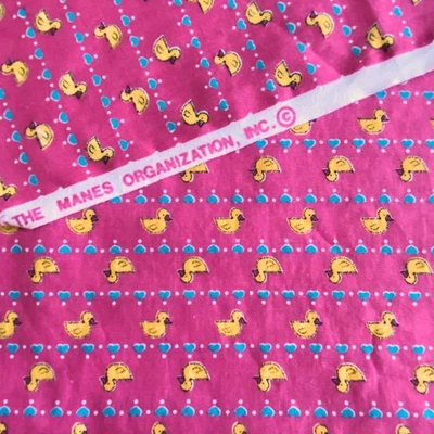 1980s Vintage Berry Pink Duck and Heart Stripe Fabric Cotton Prints 32x45 - Image 1 of 4