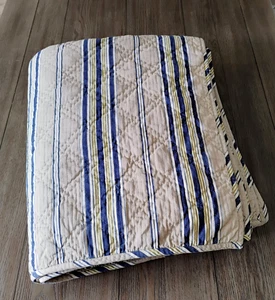 Pottery Barn Quilt King size 110" x 86" Stripes Beige Navy Blue Cotton - Picture 1 of 8