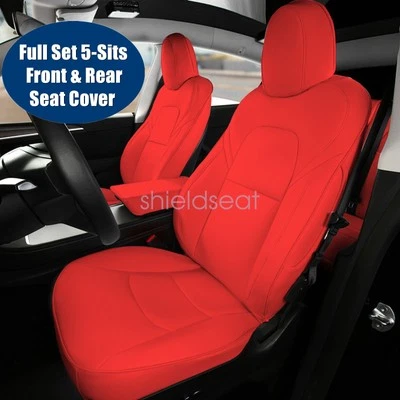 Juego de cojines protectores de 5 asientos de cuero PU rojos para Tesla Modelo Y 2020 a 2024 Foto 1 de 4