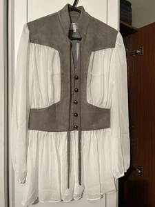 Yan Neo Women Shirt Blouse Size 8 White Khaki Faux Suede Alternative Floaty - Picture 1 of 14