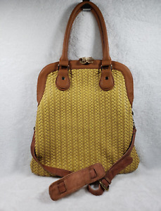 Neiman Marcus Colorblock Faux-Leather Woven Foldover Tote Bag Purse Brown Yellow