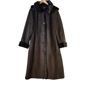 Gallery Woman Suede Hooded Long Trench Coat Size 1X Faux Fur Trim Warm Outdoor - Picture 1 of 10