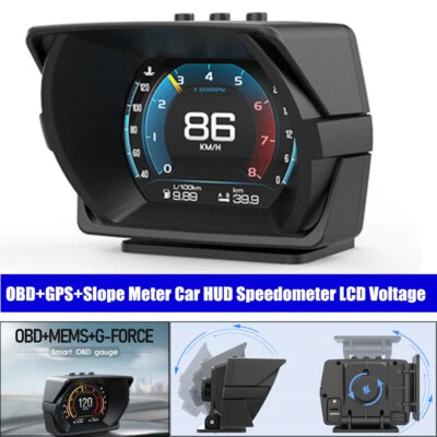 Auto OBD + GPS + Medidor de pendiente LCD HUD Head Up Display Velocímetro RPM Kit de temperatura de alarma Foto 1 de 4